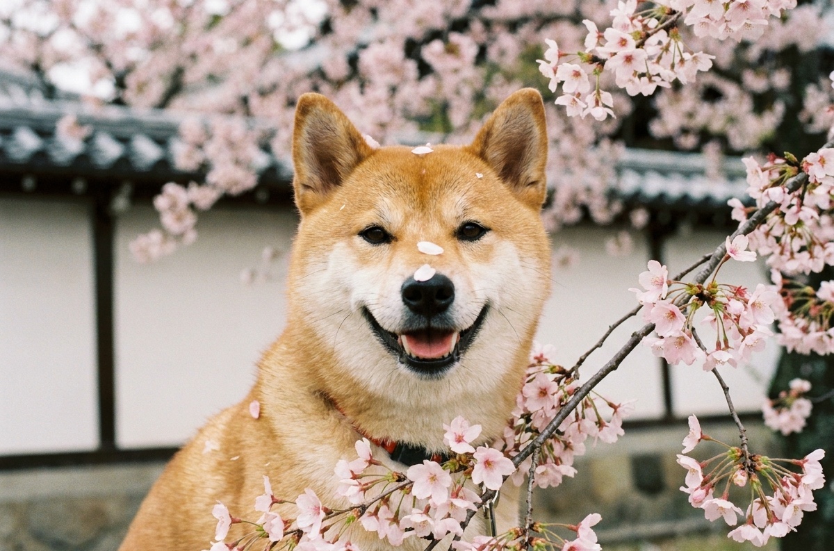 Shiba Inu tikšanās pie sakurām